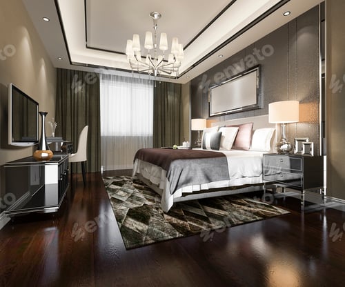 Preview: 3d rendering beautiful luxury bedroom suite in hotel with tv