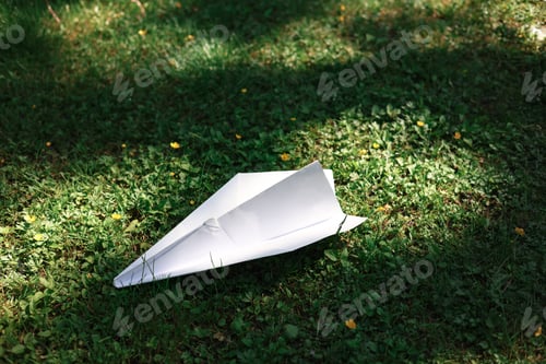 Preview: A simple white paper airplane lies on a patch of green grass