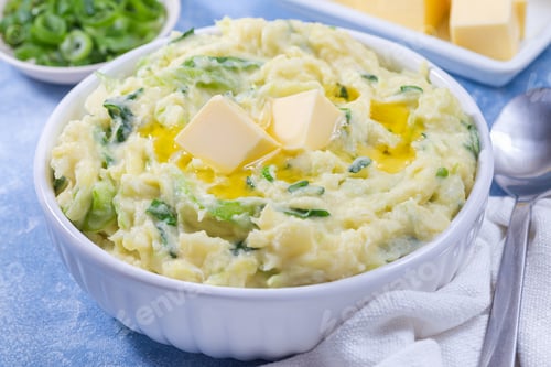 Preview: Traditional Irish dish Colcannon or mashed potato with green cabbage and butter, horizontal