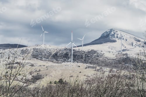 Preview: Wind farm with energy converters in a mountainous area