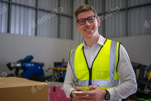 Preview: Blue collar worker is playing smart phone at warehouse.