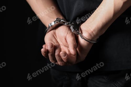 Preview: Man in metal handcuffs on black background, closeup