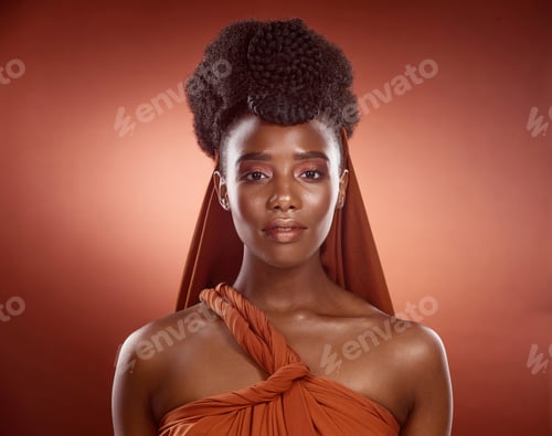 Preview: Cropped portrait of an attractive young woman posing in studio against a red background