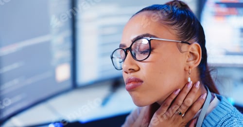 Preview: Woman, stress and neck pain by computer in office for programming software, fatigue and burnout of