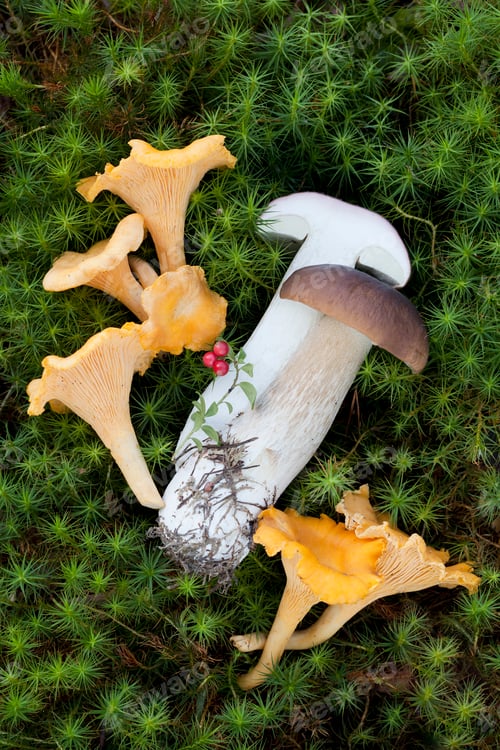 Preview: Boletus edulis (porcini) and Cantharellus cibarius (chanterelle) mushrooms