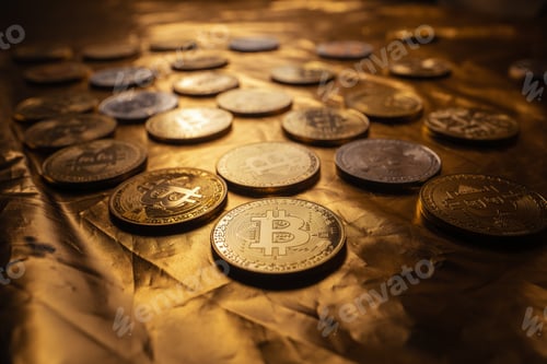Preview: Bitcoin Cryptocurrency represented as Gold Coins,mining in golden Background