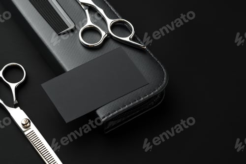 Preview: Hairdressing scissors and businesscard mock up on black background