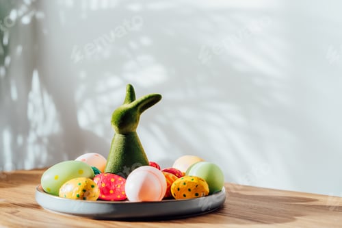 Vista previa: Decoración para el hogar de Pascua. Composición de la figura de conejito verde y huevos de chocolate de pascua de colores