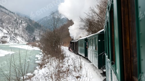 Preview: Moving steam train Mocanita from inside it in winter, Romania