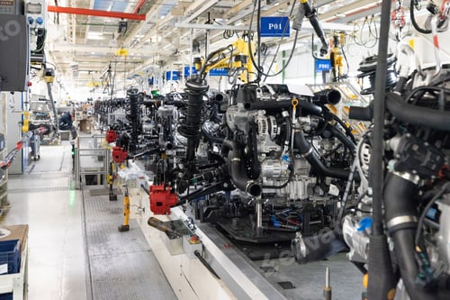 Preview: Photo of automobile production line. Welding car body. Modern car assembly plant. Auto industry