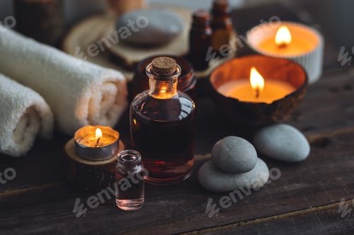 Preview: Concept of natural essential organic oils, Bali spa, beauty treatment, relax time. Atmosphere of