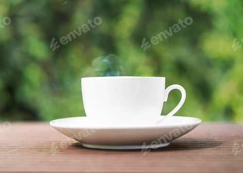 Preview: White ceramic coffee cup on wooden table