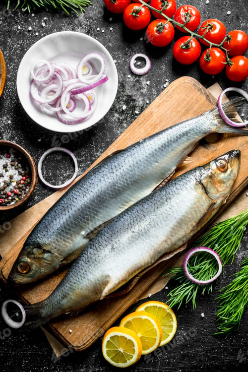 Preview: Salted herring with tomatoes on a branch, sliced onions and slices of lemon.
