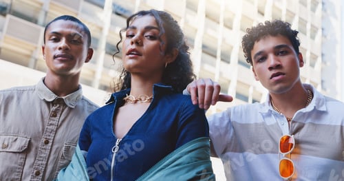 Preview: Attitude. city and fashion with portrait friends outdoor in summer for cool, edgy or trendy style t