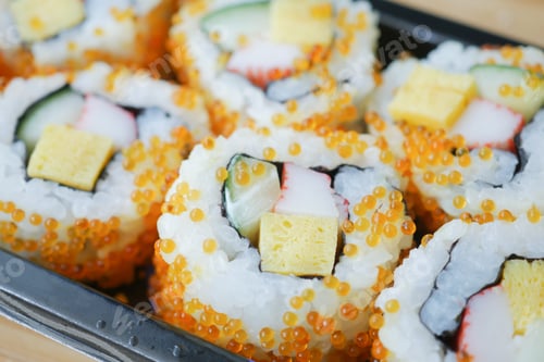 Preview: detail shot of Sushi roll with salmon, shrimps and avocado