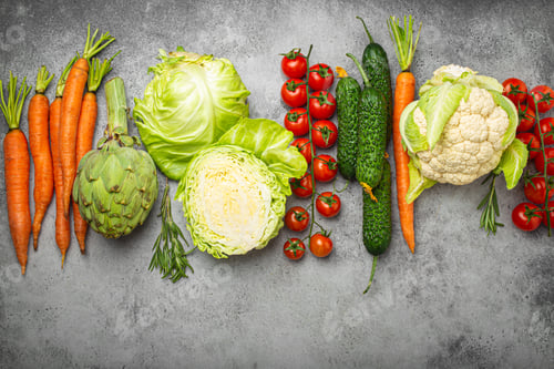 Preview: Fresh assorted organic vegetables arranged in line on rustic grey stone table top view. Vegetarian