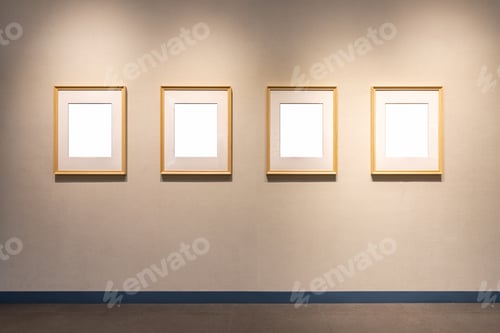 Preview: four blank wooden picture frames on wall