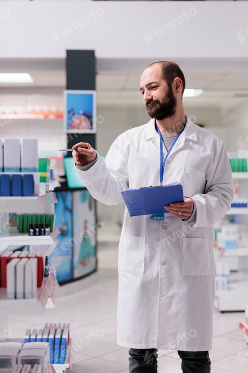 Preview: Drugstore employee holding clipboard while checking pills packages writing medication name on papers