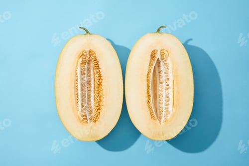 Preview: top view of fresh ripe sweet halved melon on blue
