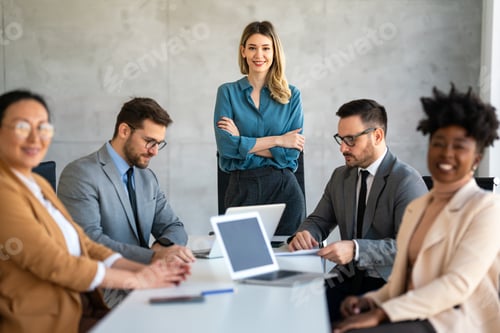 Preview: Success group of multiethnic entrepreneurs and business people achieving goals in corporate office
