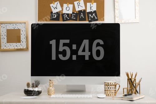 Preview: Stylish workplace with different golden accessories indoors. Idea for interior design