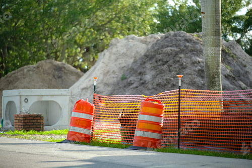 Preview: Protective restriction barrier at industrial construction site. Safety mesh fence for pedestrians