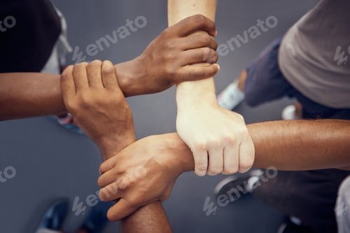 Preview: Hands, teamwork solidarity and fitness motivation for athlete winning, joining and strong collabora
