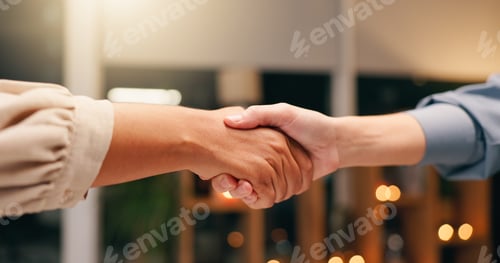 Preview: Business, people and handshake in workplace with hands, b2b and partnership agreement or profession