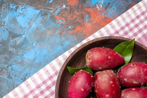 Preview: top view fresh ripe plums inside plate on blue background mellow tree sour fruit color photo