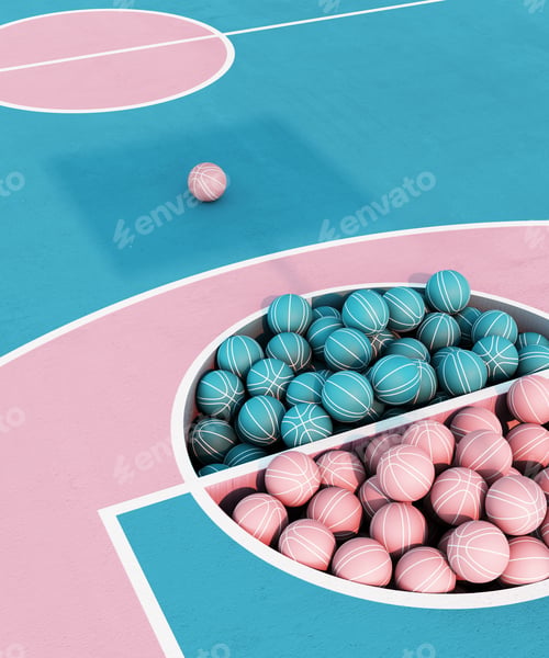 Preview: abstract pastel pink blue color basketball court with hoop and ball minimalistic composition. 3d