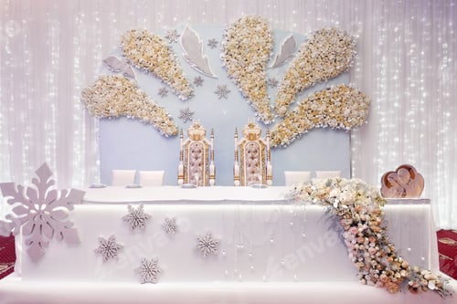 Preview: luxury decorated tables with hydrangea and roses at rich wedding reception
