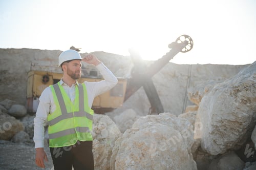 Preview: Worker in hardhat standing in stone quarry
