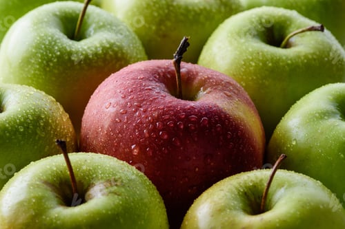 Preview: full frame of water drops on green and red apples backdrop