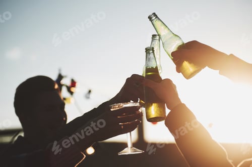 Preview: It's rooftop party. Group of friends have holidays at sunny autumn day