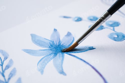Preview: Floral Watercolor Painting with Brush Close Up