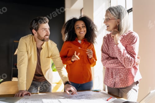 Preview: Architects discussing blueprints in the office