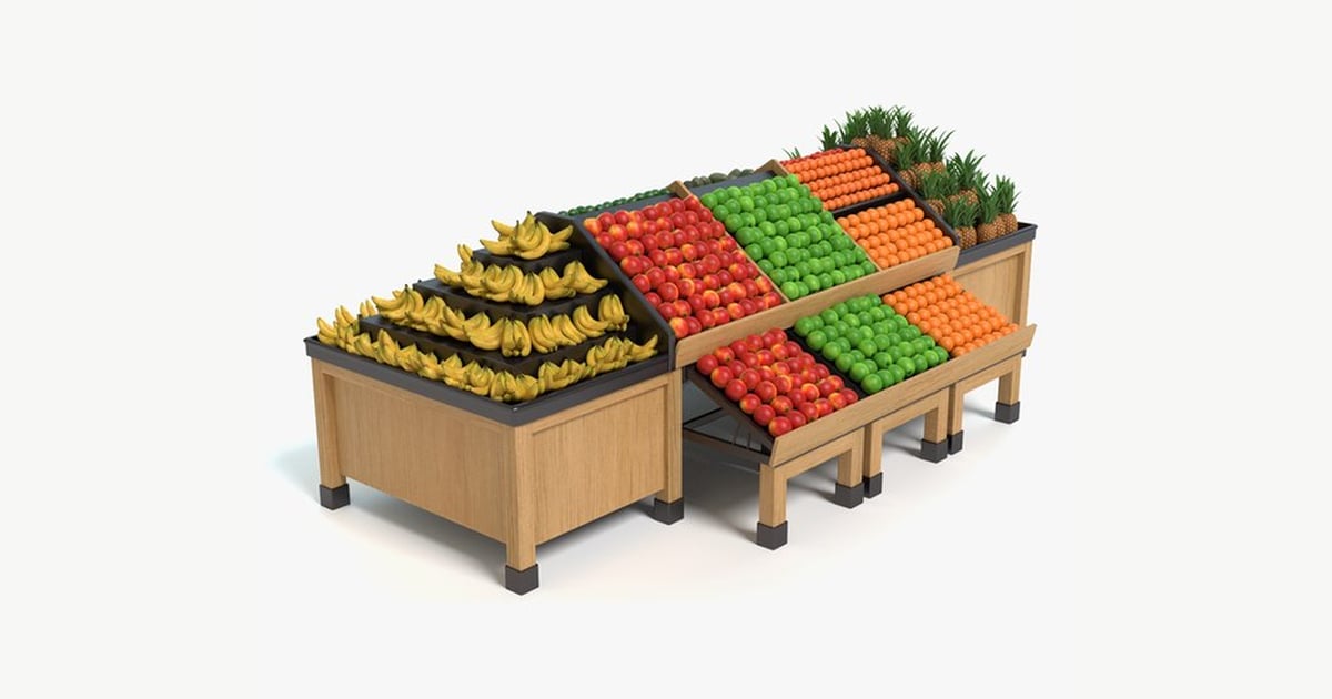 Wooden Produce Display Rack with Fruits 3D, Incl. market & booth - Envato