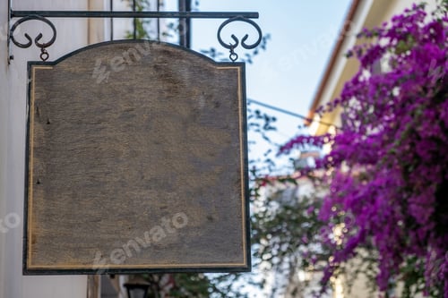 Preview: Blank empty wood sign hanging, blue sky and blooming bougainvillea,