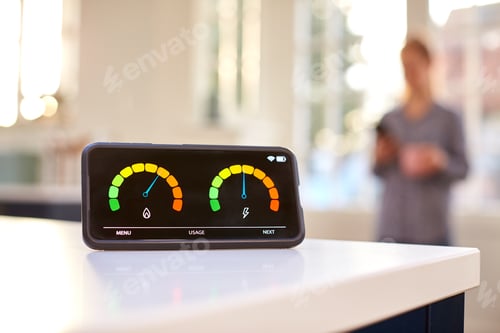 Preview: Smart Energy Meter In Kitchen Measuring Domestic Electricity And Gas Use With Figure In Background
