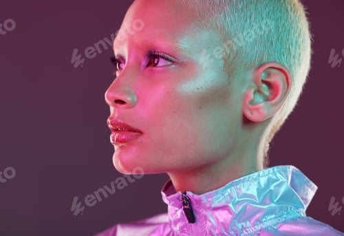 Preview: Holographic fashion, woman face and skin glow for hologram trend isolated in studio. Futuristic, va