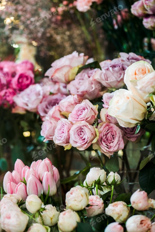 Preview: selective focus of various colorful roses and tulips
