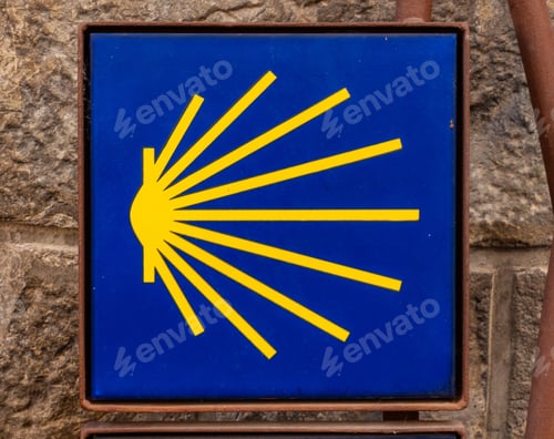 Preview: Plaques sign of the way to Santiago next to the Cathedral of San Pedro de Jaca in Aragon, Spain