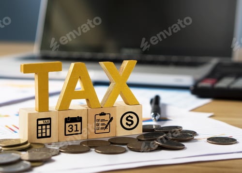Preview: Tax wooden letter and tax icon on wooden block.Pay tax in new year.