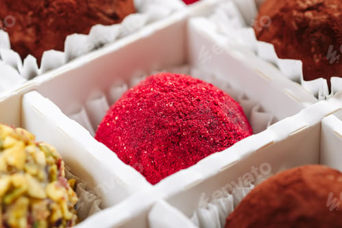 Preview: A set of truffle sweets with different fillings in a box close-up