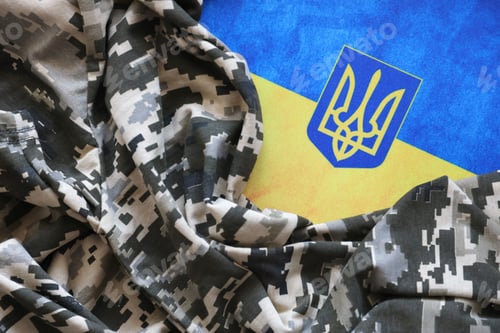 Preview: Ukrainian flag and coat of arms with fabric with texture of pixeled camouflage