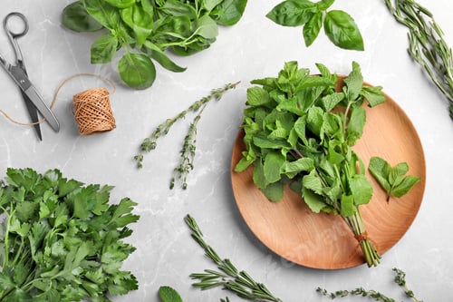 Preview: Flat lay composition with fresh green herbs on grey background