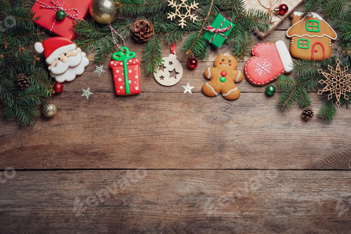 Preview: Flat lay composition with tasty Christmas cookies on wooden table, space for text