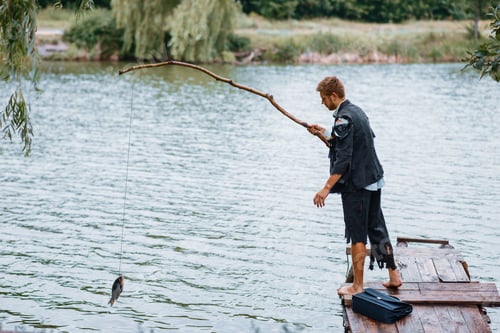 Preview: Alone businessman fishing on lost island