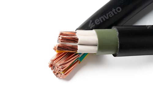 Preview: Various Electrical Wires With Exposed Copper Strands on White Background