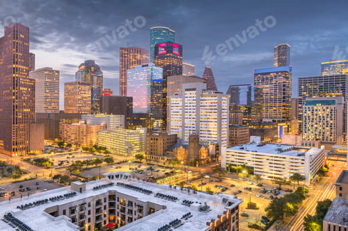 Preview: Houston, Texas, USA downtown park and skyline at twilight.